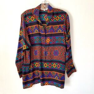 Vintage Andrea Behar Black Silk Aztec Navajo Western Print Tunic Blouse size 40